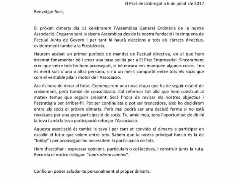 Carta del President del Prat Empresarial, Jordi Morera, a tots els associats 